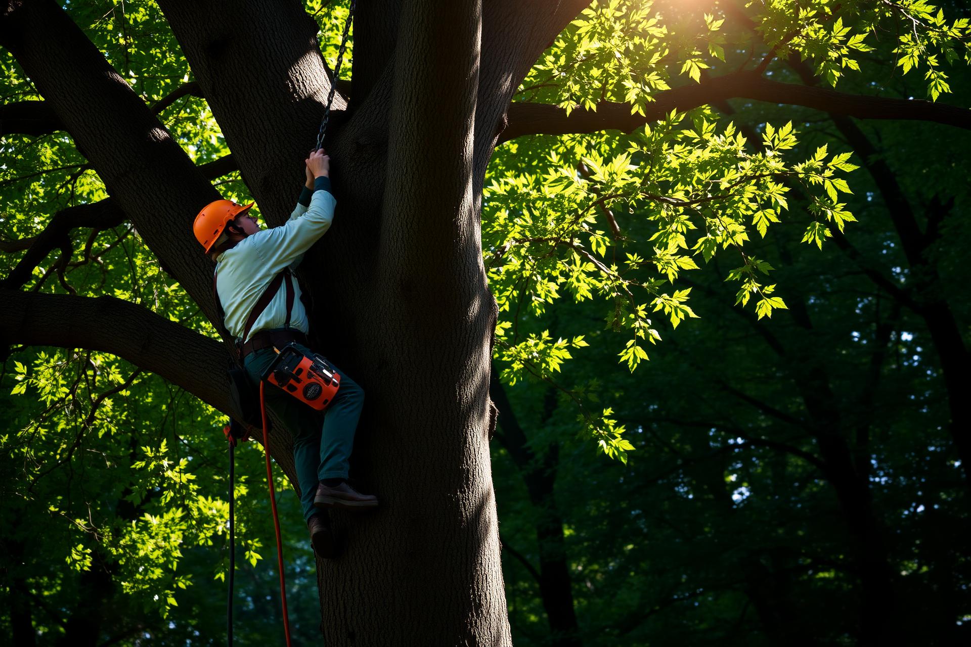 Élagueur professionnel travaillant dans un grand arbre